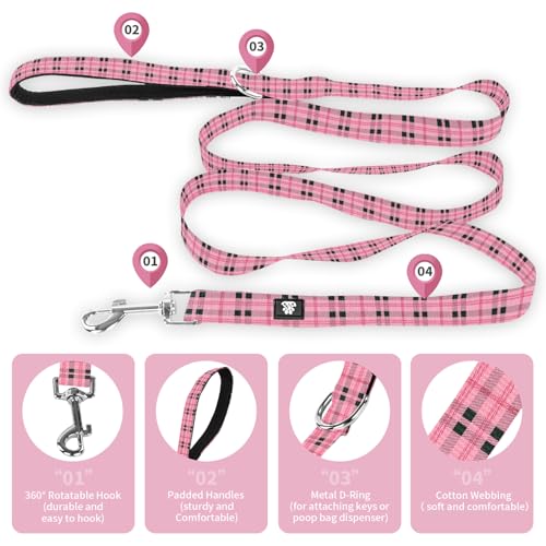 Dog Collar and Leash Set,Soft Neoprene Pet Collar with Quick Release Buckle,Adjustable Nylon Dog Collars for Small Medium Large Dogs(Medium,Cherecked Pink) - color: Checkered Pink, size: Medium