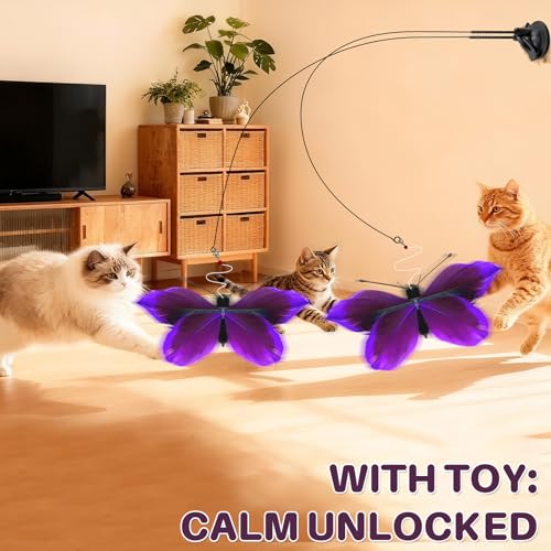 Walfront Cat Toys for Cats with 2PCS Butterfly Attachments, Dual Suction Base, Interactive & Solo Play Modes, Ideal for Multi-Cat Homes, Training & Bonding, Purple - Fun and Engaging for All Cats