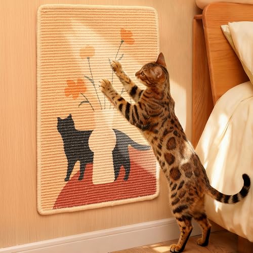 FUKUMARU Sisal Cat Scratching Mat, 23.6 x 15.7 Inch Natural Sisal Cat Scratch Pad Mats for Indoor Cats, Horizontal Cats Wall Scratcher Kitten Floor Rug with Sticky Tapes, Furniture Protector(Flower) - color: Flower