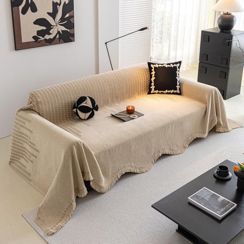 ROOMLIFE Khaki Sofa Cover, Vintage Boho Couch Cover for 3 Cushion Sofa, Non Slip Soft Chenille Sofa Slipcovers for Dog, Washable Furniture Sofa Protector Cover with Tassel for Living Room, 71''X150” - color: Mr#khaki, size: XX-Large(71''*150'')