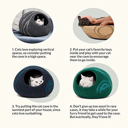 Meowfia Premium Felt Cat Bed Cave (Light Grey/Medium) and Wool Ball Toys (6-Pack) Bundle