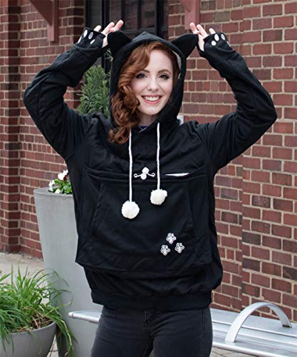 Unisex Big Pouch Hoodie Long Sleeve Fleece Pet Dog Holder Carrier Pullover Sweatshirt… - color: Black, size: XX-Large
