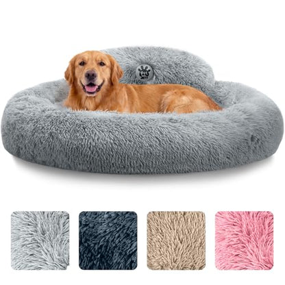 PetJett Dog Beds Large Sized Dog - 36'' Calming Round Bed, Washable Dog Bed - Anti-Slip Super Soft Donut Bed, Fluffy Faux Fur Anti-Anxiety Premium Comfort Pet Bed, Fits Dogs up to 80 lbs - Bright Grey - color: Bright Grey, size: Large - 36”L x 36”W x 8”Th