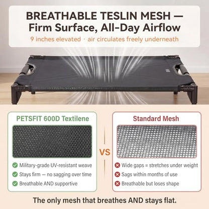 Petsfit Elevated Dog Bed for Large Dogs – Patented Anti-Sag Tension Bar, Cooling Raised Dog Cot for Outdoor/Camping/Indoor, Teslin Mesh, Non-Slip Frame, 48" - size: L-48"