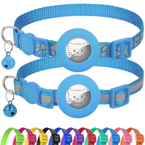 Joytale AirTag Cat Collar 2 Pack with Breakaway Safety Buckle, Reflective Cats Collar with AirTag Holder, Adjustable 7.5-12.5 Inch, Anti-Fraying Lightweight for Girl Boy Kitten, Sky Blue - color: Blue