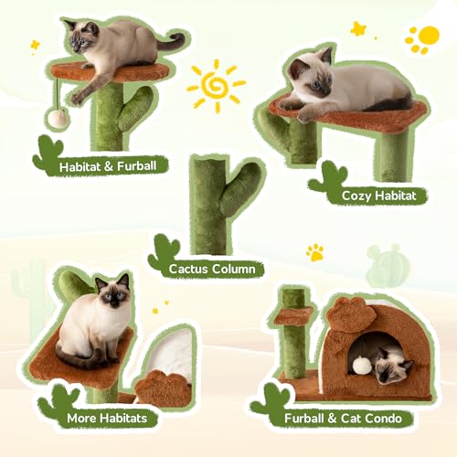 Cactus Cat Tree for Indoor Cats, 27.5'' Small Cat Tower with Cozy Condo, Wide Top Perch Multi-Level Climbing and Lounging Space, Brown - color: Brown-2