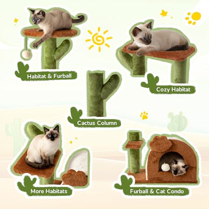 Cactus Cat Tree for Indoor Cats, 27.5'' Small Cat Tower with Cozy Condo, Wide Top Perch Multi-Level Climbing and Lounging Space, Brown - color: Brown-2