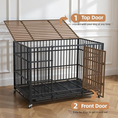 VOWNER 48 inch Heavy Duty Indestructible Dog Crate, Escape-Proof Dog Crate Cage Kennel with 4 Lockable Wheels, High Anxiety Dog Crate with Double Door and Removable Tray Design, for Large Dogs - size: 47.2"L x 29.5"W x 33.9"H