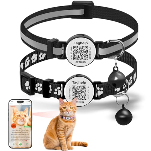 2-Pack Reflective Cat Collar with Bell - Breakaway Safety Collar Elastic Design, QR Code Name Tag & Night Safety Feature for Indoor/Outdoor,Kitten Cat ID Tag Personalized(Black) - color: reflective strip & Paw pattern - Black, size: Collar Only