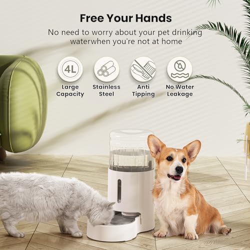 CZPET Dog Water Bowl Dispenser 4L, Wider Mouth & Upgraded Brush for Easy Cleaning Automatic Cat Gravity Refilling Waterer with Removable Stainless Steel Bowl, Large Drinking Area for Multi-Pet (White) - color: White