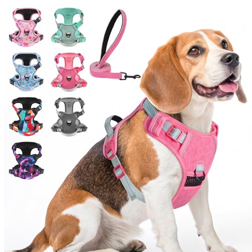 BEAUTYZOO No Pull Dog Harness Large, Adjustable Dog Harness and Leash Set -Easy Wearing with 3 Buckles/Control Handle,No Choke Soft Padded Reflective Pet Vest for Training Walking Hiking,Rose M - color: Solid Rose, size: M: chest 16"-28"