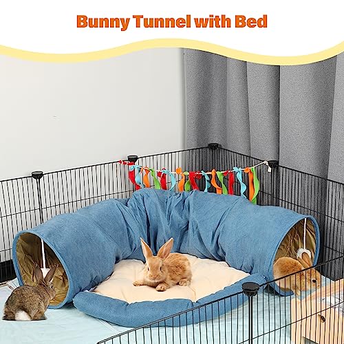 BWOGUE Bunny Tunnel Bed, 2-in-1 Collapsible Tunnel Tubes Toys with Removable Mat Hideout for Cats Kittens Rabbits Guinea Pigs Kitty - color: Blue