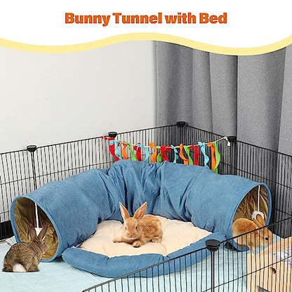 BWOGUE Bunny Tunnel Bed, 2-in-1 Collapsible Tunnel Tubes Toys with Removable Mat Hideout for Cats Kittens Rabbits Guinea Pigs Kitty - color: Blue