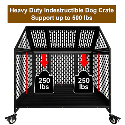 44 inch Heavy Duty Dog Crate with Wheels, Indestructible Escape-Proof Dog Kennel with Locking Latch and Double Door, Large XL Cage Indoor for Large and Medium Dog with Removable Tray - size: 43.3"L x 29.7"W x 46.3"H