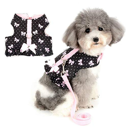 Zunea No Pull Small Dog Girl Harness Dress Escape Proof Cat Kitten Vest Harness Leash Set Step-in Soft Cotton Padded Polka Dot Jacket Chihuahua Puppy Clothes with Cute Bow for Walking Black XS - color: black bows, size: XS (Chest:12.2-13.7", Neck:8.2-9.4"
