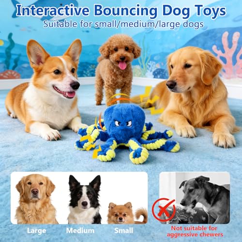 Interactive Dog Toys Octopus, Moving Dog Toy to Keep Them Busy, Durable Automatic Jumping Dog Toy Bouncing Dogs Toy Squeaky Moving Tug of War Doggie Toy for Small Medium Large Dogs (Blue)