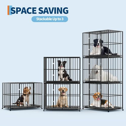 42 Inch Dog Crate for Medium Sized Dogs, Heavy Duty Stainless Steel Dog Kennel Indoor Escape Proof with Wheels and Removable Tray, Indestructible Dog Cage Stackable for Medium Small High Anxiety Dogs - size: 42 inch