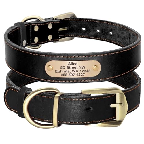 Didog Genuine Leather Dog Collars with Engraved Nameplate, Personalized Soft Leather Dog Collar with Custom ID Tag, Brown/Green/Red for Medium Large Dogs (XL,Black) - color: Black, size: XL: Fit Neck 18-23"(44-72 lbs)