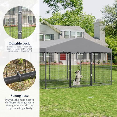 Kullavik 10x10x6 FT Large Outdoor Dog Kennel,Anti-Rust Galvanized Steel Dog Pen with Double Locks,Heavy Duty Dog Enclosure Fence with UV & Water Resistant Roof Cover for Outside - size: 118"L x 118"W x 70.9"H