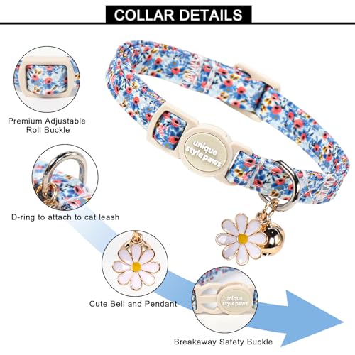 Unique style paws 2 Pack Valentine Kitten Collar Breakaway with Bell&Pendant, Adjustable Safety Spring Summer Blue Pink Flower Cotton Collar for Girl Boy Cat and Small Pet - color: blue pink flower