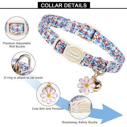 Unique style paws 2 Pack Valentine Kitten Collar Breakaway with Bell&Pendant, Adjustable Safety Spring Summer Blue Pink Flower Cotton Collar for Girl Boy Cat and Small Pet - color: blue pink flower