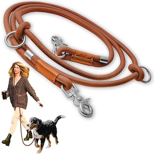 Hands Free Dog Leash, Waist Leash for Dog Walking, Crossbody, Multifunctional, Dog Lead, Running, 2 Dogs, Dual Handle, Traditional Lead, Adjustable Lead 4.3ft - 7.5ft, 3/8" (10mm) Diameter. - color: Maple Brown