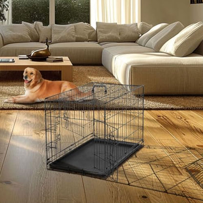 Dog Crate Kennel, 42 Inch Metal Pet Cage Double Door W/Divider Panel, Folding Travel Indoor Outdoor Dog Kennel Leak-Proof Plastic Tray Wire Animal Cage - size: 42.13"L x 26.77"W x 28.74"H