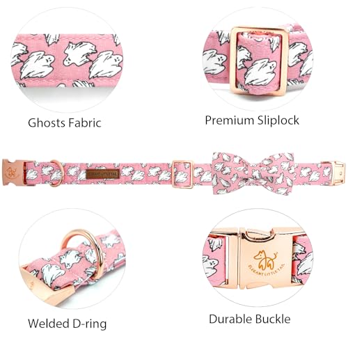 Elegant little tail Halloween Dog Collar, Pink Ghosts Print Dog Collar with Bow Puppy Collar Bowtie Flower Female Cotton Adjustable Collars for Small Medium Large Dogs - color: Pink Ghosts, size: X-Small (Pack of 1)