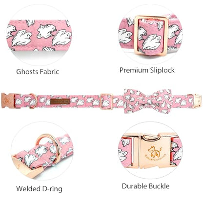 Elegant little tail Halloween Dog Collar, Pink Ghosts Print Dog Collar with Bow Puppy Collar Bowtie Flower Female Cotton Adjustable Collars for Small Medium Large Dogs - color: Pink Ghosts, size: X-Small (Pack of 1)