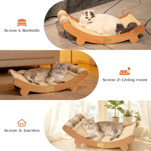Sisal Cat Scratcher Bed with Balls Cat Scratching Post for Indoor Cats Hammock, Natural Sisal Cat Scratch Wooden Cat Furniture(Large)