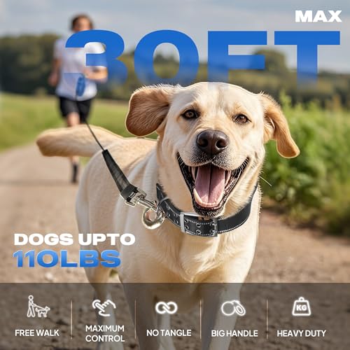 Fida 30ft Upgraded Retractable Dog Leash, Heavy Duty Pet Walking Leash for Medium/Large Breed up to 110 lbs, 360° Tangle-Free Long Retract Dog Lead, Soft Grip, One-Hand Brake, Blue - color: Blue, size: Large（30ft）