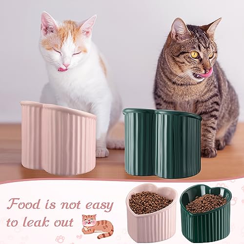 Mumufy 2 Pcs Ceramic Elevated Cat Bowls Tilted Elevated Raised Pet Bowls Anti Vomit Cat Dish for Indoor Stress Free Water Dish Feeder for Puppies, Heart Shaped(Pink, Peacock Green) - color: Pink, Peacock Green