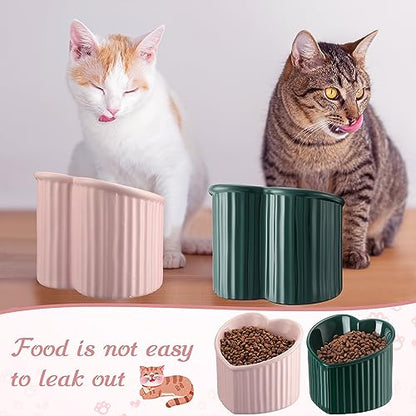 Mumufy 2 Pcs Ceramic Elevated Cat Bowls Tilted Elevated Raised Pet Bowls Anti Vomit Cat Dish for Indoor Stress Free Water Dish Feeder for Puppies, Heart Shaped(Pink, Peacock Green) - color: Pink, Peacock Green