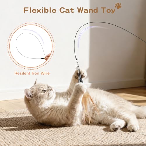 Pawaboo Feather Teaser Cat Toy - Interactive Wand with Extra Long 34.5" Wand and Small Bell, Fun Exerciser Playing Toy for Kittens or Cats, Brown Feather - color: A-Brown
