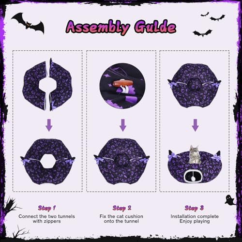 Tidjani Cat Tunnel Bed, Cat Tunnels for Indoor Cats, Foldable Cat Donut Bed with Washable Mat and Dangling Balls, Purple Bowknot, Ghost Spider Pattern Decor Pet Toys for Small Animals - style: Black Bow Ears