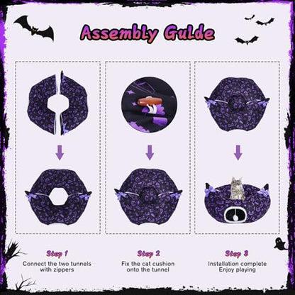 Tidjani Cat Tunnel Bed, Cat Tunnels for Indoor Cats, Foldable Cat Donut Bed with Washable Mat and Dangling Balls, Purple Bowknot, Ghost Spider Pattern Decor Pet Toys for Small Animals - style: Black Bow Ears