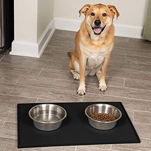 Leash Boss 2-Cup Slow Bowl and XL Mat - Silicone Food Mat (25"x17", Black) and 2-Cup Maze Dog Dish (Gray)