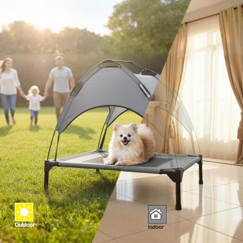 Outdoor Elevated Dog Bed with Canopy, Cooling Elevated Pet Cot with Removable Shade, Non-Slip Feet, Breathable Mesh for Small Dogs Camping