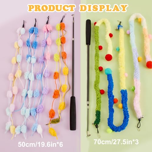 Cat Wand Toy, 9Pcs Retractable Plush Srtip Cat Teaser Wand Toys with Bell & String, Long Interactive Wand Toys for Indoor Kitten, Exercise - size: 7pcs&2pole