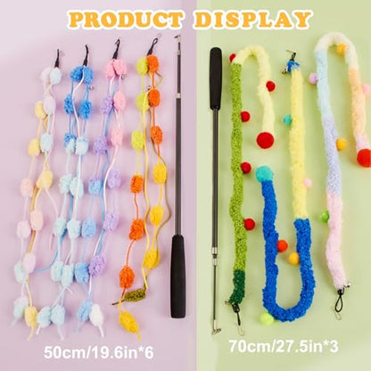 Cat Wand Toy, 9Pcs Retractable Plush Srtip Cat Teaser Wand Toys with Bell & String, Long Interactive Wand Toys for Indoor Kitten, Exercise - size: 7pcs&2pole