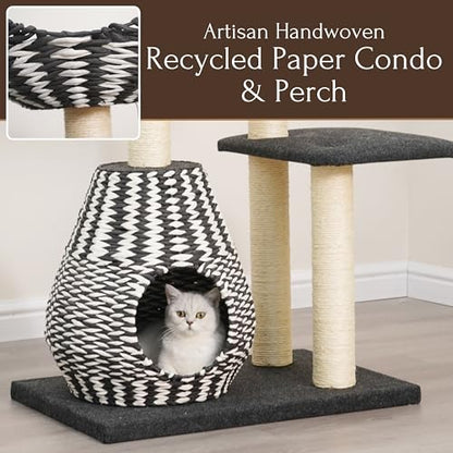 PetPals Ace 4-Level Multi-Activity Cat Tree with Handwoven Recycled Paper Rope Condo and Top Nest Bed, Replaceable Sisal Scratching Posts, Feather Teaser Toy, Black & White - color: Black and white
