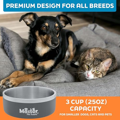 Master Pet Supply Stainless Steel Dog Bowls - 25 oz, Heavy Duty - Graphite, Double Wall Extra-Thick Insulated, Non-Slip Pet Water Bowl for Dogs, Cats & Pets, Anti Rust Metal, Dish Washer Safe - color: Graphite, size: 3 Cups (25 oz)