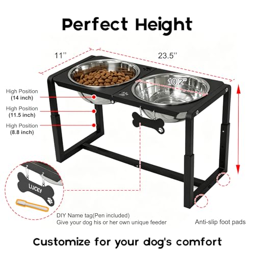 Metal Elevated Dog Bowls, Raised Dog Bowls for Large/Extra Large Breeds with Two 111oz Stainless Steel Food Bowls, 3 Adjustable Height (8.8"/11.5"/14") Dog Bowl Stand Protect Neck & Joints - size: 8.8-14" | L/XL Dogs | 2×111oz Bowls