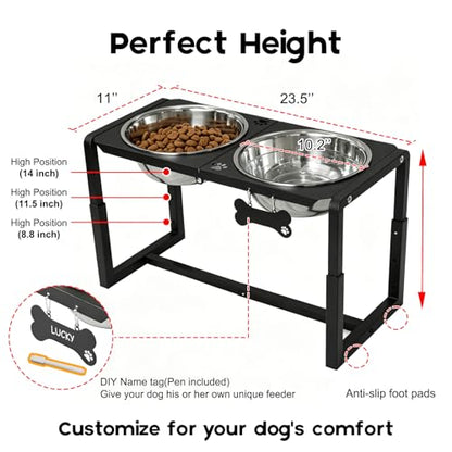 Metal Elevated Dog Bowls, Raised Dog Bowls for Large/Extra Large Breeds with Two 111oz Stainless Steel Food Bowls, 3 Adjustable Height (8.8"/11.5"/14") Dog Bowl Stand Protect Neck & Joints - size: 8.8-14" | L/XL Dogs | 2×111oz Bowls