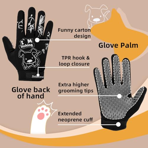 Seibertron Patented P.G.M.G-1 Pet Hair Remover/Deshedding Grooming Gloves Seven Sizes Fit All Works for Dogs, Horses, Cats and Other Animals Short Fur(1-Pair) Adult Black XXL - size: adult XXL