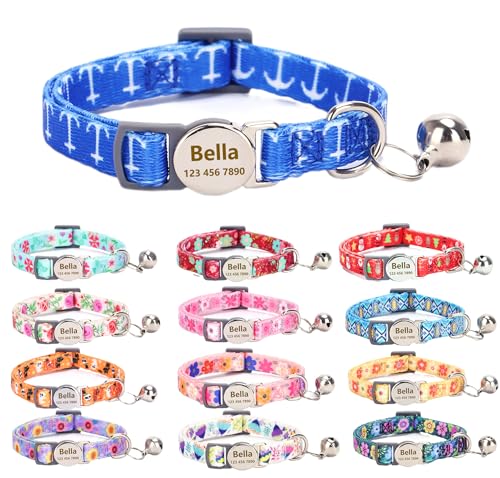 Custom Personalized Breakaway Kitten Cat Collar with ID Name Phone Number Tag Plate/Customized Engraved Floral Pattern Boy Girl Cat Kitten Collar with Bell-Naval Anchor - color: Naval anchor