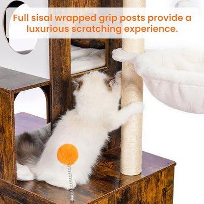 Heybly Cat Tree with Litter Box Enclosure for Indoor Big Cat, Cat Tower for Large Cats 20lbs Heavy Duty, Modern Cat Condo Furniture with Scratching Posts, Rustic Brown HCT110SR - color: Rustic Brown