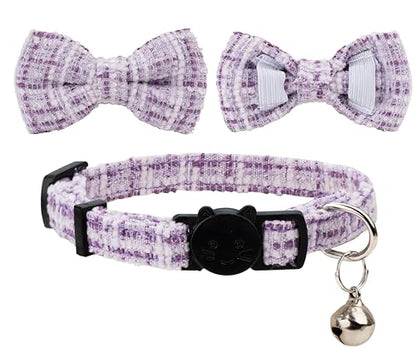 Cat Collar with Bow Tie 2pcs Set Bell Boy Girl Kitten Safety Plaid Grid Checkered Solid Color Suede Velvet Cute Soft Fluffy Gift B-[2pcs] Purple - color: Style B-[2pcs] Purple
