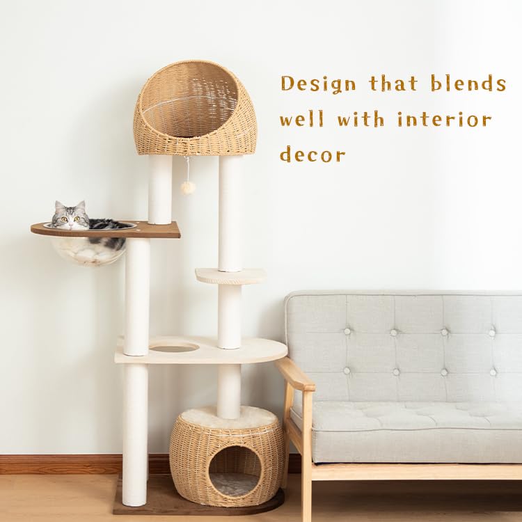 Modern Cat Tree for Large Cat, 60-Inch Tall Cat Tower with Scratching Post for Indoor Cats, Multi-Level Cat Condo with Hand-Woven Cat Bed and Acrylic Bowl (Brown-Particle Board) - color: Brown 81004D