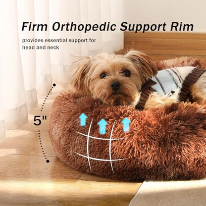 Calming Donut Dog Bed for Small to Medium Dogs & Cats - Plush Faux Fur Anti-Anxiety Pet Bed with Machine Washable Cover & Non-Slip Base - color: Bandhnu Dark coffe, size: X-Small 15.7''